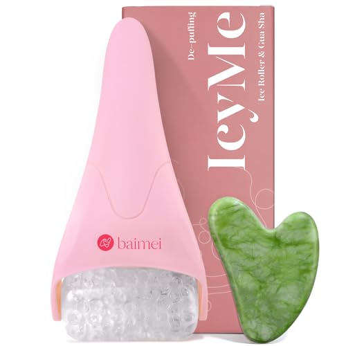 BAIMEI IcyMe Ice Roller for Face and Gua Sha Facial Tool Set, Ice Face Roller Reduces Puffiness Relieves Migraines Skin Care Tools, Self Care Gift for Women - Pink