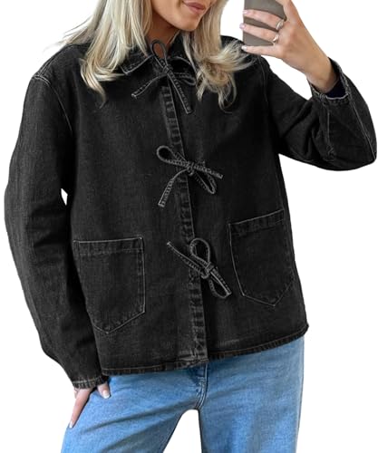 PLNOTME Womens Jean Jacket Tie Front Denim Shacket Tops Fall Fashion Long Sleeve Shirts Coat with Pockets