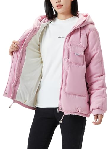 JiangWu Women's Winter Thickened Hooded Cotton Coat Windproof Warm Fleece Jacket(Pink,Large)