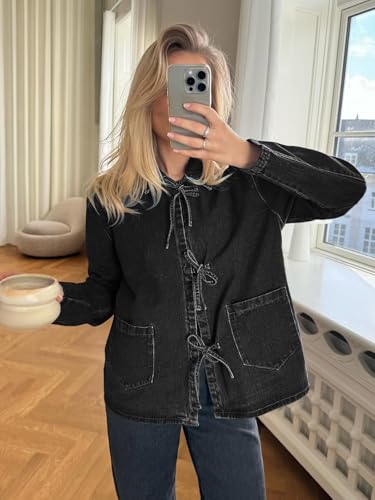 PLNOTME Womens Jean Jacket Tie Front Denim Shacket Tops Fall Fashion Long Sleeve Shirts Coat with Pockets