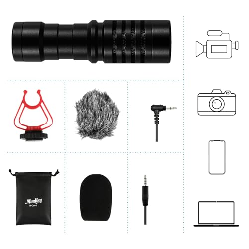 Moukey MCM-1 Video Microphone, Camera Microphone with Shock Mount, Windshield, Professional Vlogging Kit for iPhone, Android Smartphone, DSLR Camera & Camcorder, Battery-Free Shotgun Mic