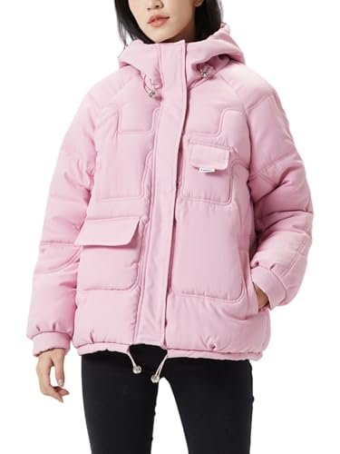 JiangWu Women's Winter Thickened Hooded Cotton Coat Windproof Warm Fleece Jacket(Pink,Large)