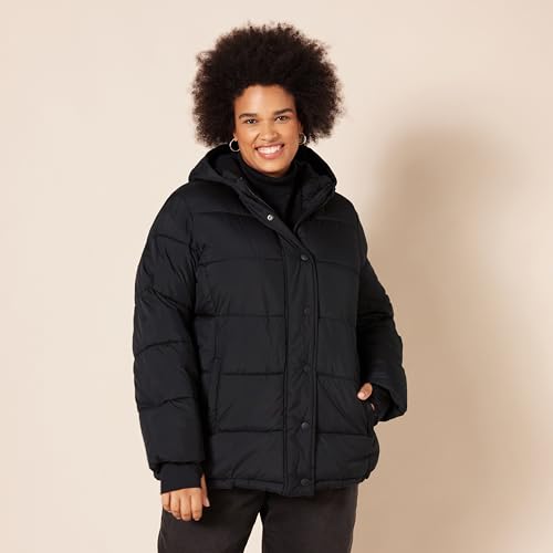 Amazon Essentials Women's Heavyweight Long-Sleeve Hooded Puffer Coat (Available in Plus Size), Black, Large