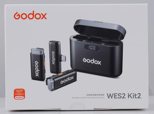 GODOX WES2 Kit2 Wireless Lavalier Microphone for Android/USB C, 8H Battery Life, Dual Channel 2.4G Wireless Mic, 200m(656ft.) Range, Noise Cancelling with Charging Case for Vlogging, TikTok, Interview