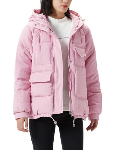 JiangWu Women's Winter Thickened Hooded Cotton Coat Windproof Warm Fleece Jacket(Pink,Large)