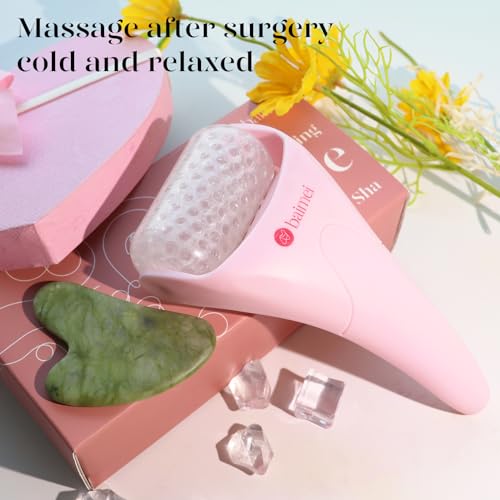 BAIMEI IcyMe Ice Roller for Face and Gua Sha Facial Tool Set, Ice Face Roller Reduces Puffiness Relieves Migraines Skin Care Tools, Self Care Gift for Women - Pink