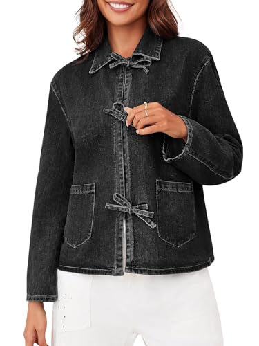 PLNOTME Womens Jean Jacket Tie Front Denim Shacket Tops Fall Fashion Long Sleeve Shirts Coat with Pockets