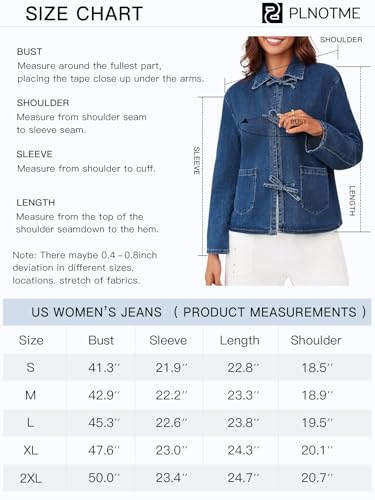 PLNOTME Womens Jean Jacket Tie Front Denim Shacket Tops Fall Fashion Long Sleeve Shirts Coat with Pockets