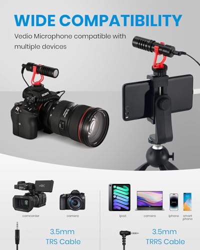 Moukey MCM-1 Video Microphone, Camera Microphone with Shock Mount, Windshield, Professional Vlogging Kit for iPhone, Android Smartphone, DSLR Camera & Camcorder, Battery-Free Shotgun Mic