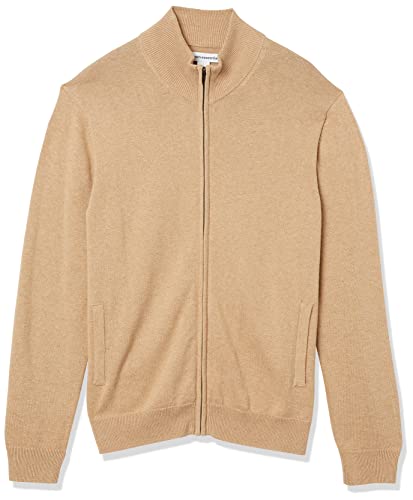 Amazon Essentials Men's Full-Zip Cotton Sweater, Camel Heather, Medium