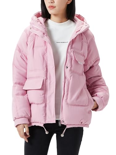 JiangWu Women's Winter Thickened Hooded Cotton Coat Windproof Warm Fleece Jacket(Pink,Large)