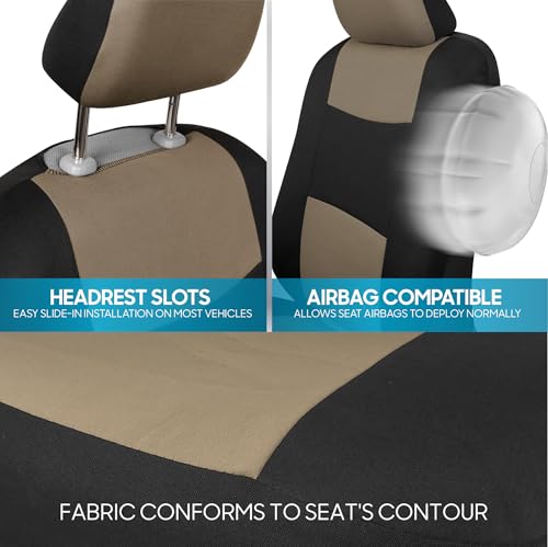 BDK PolyPro Seat Covers Full Set in Beige on Black – Front and Rear Split Bench Seat Covers for Cars, Easy to Install , Car Accessories for Auto Trucks Van SUV