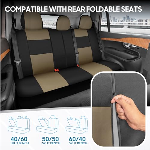 BDK PolyPro Seat Covers Full Set in Beige on Black – Front and Rear Split Bench Seat Covers for Cars, Easy to Install , Car Accessories for Auto Trucks Van SUV