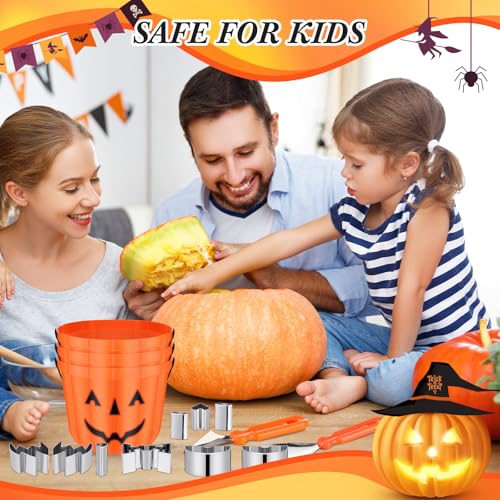 WinnerWhy 48 Pcs Halloween Pumpkin Carving Kit for Kids Pumpkin Carving Tools 24 Pcs Stainless Steel Pumpkin Carving Stencils, 6 Gut Buckets, Easy Safe 18 Carving Tools Set for Halloween Decorations