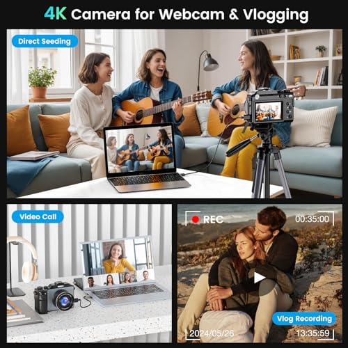 4K Digital Camera for Photography and Video, 64MP Auto-Focus Anti-Shake Vlogging Camera with 18X Digital Zoom, Flash, Compact Travel Camera with 64GB TF Card, 2 Batteries and Battery Charger, Silver