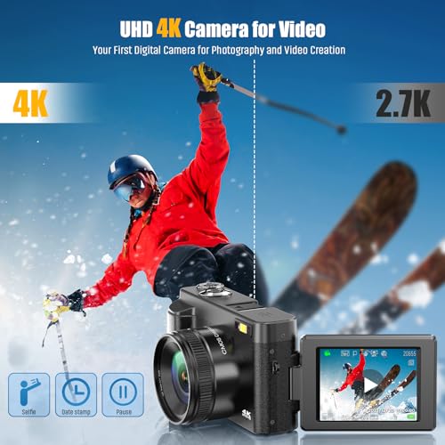 4K Digital Camera for Photography Autofocus 48MP Vlogging Camera for YouTube with 3'' 180°Flip Screen 16X Digital Zoom 4K Video Compact Travel Camera with SD Card,Flash, Anti-Shake (Black)