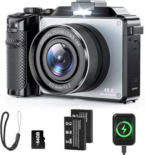 4K Digital Camera for Photography and Video, 64MP Auto-Focus Anti-Shake Vlogging Camera with 18X Digital Zoom, Flash, Compact Travel Camera with 64GB TF Card, 2 Batteries and Battery Charger, Silver