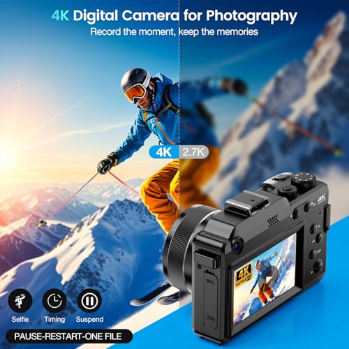 4K Digital Camera for Photography and Video, 64MP Auto-Focus Anti-Shake Vlogging Camera with 18X Digital Zoom, Flash, Compact Travel Camera with 64GB TF Card, 2 Batteries and Battery Charger, Silver