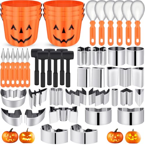 WinnerWhy 48 Pcs Halloween Pumpkin Carving Kit for Kids Pumpkin Carving Tools 24 Pcs Stainless Steel Pumpkin Carving Stencils, 6 Gut Buckets, Easy Safe 18 Carving Tools Set for Halloween Decorations