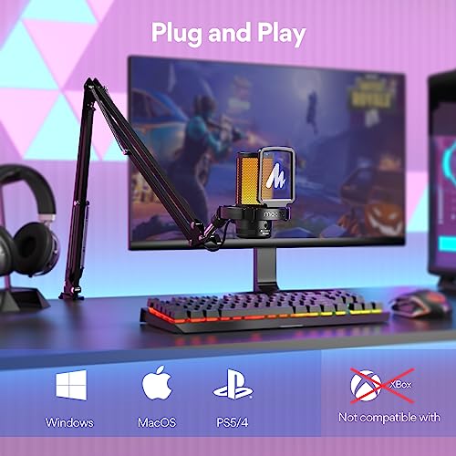 MAONO Gaming USB Microphone, Noise Cancellation Condenser mic with Mute, Gain, Monitoring, Boom Arm for Streaming, Podcast, Twitch, YouTube, Discord, PC, Computer, PS4, PS5, Mac, GamerWave DGM20S