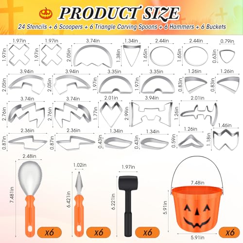 WinnerWhy 48 Pcs Halloween Pumpkin Carving Kit for Kids Pumpkin Carving Tools 24 Pcs Stainless Steel Pumpkin Carving Stencils, 6 Gut Buckets, Easy Safe 18 Carving Tools Set for Halloween Decorations