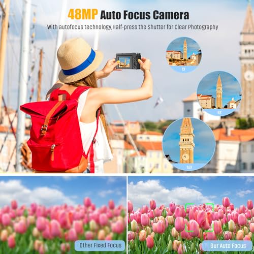 4K Digital Camera for Photography Autofocus 48MP Vlogging Camera for YouTube with 3'' 180°Flip Screen 16X Digital Zoom 4K Video Compact Travel Camera with SD Card,Flash, Anti-Shake (Black)