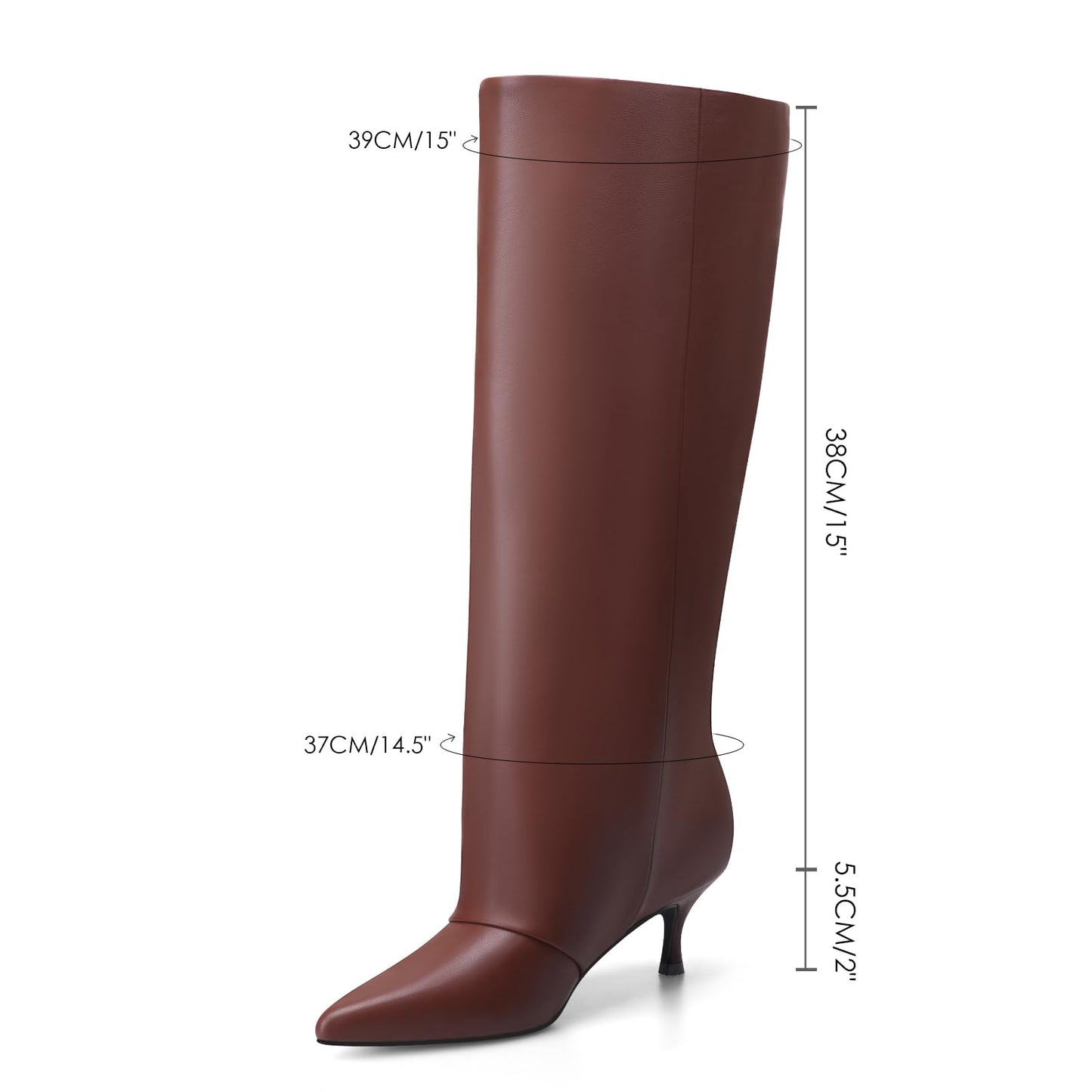 MIRAAZZURRA Brown Knee High Boots Kitten Heel Pointed Toe Slouchy Wide Calf Fold Over Boots Pull on Women Boots Size 10