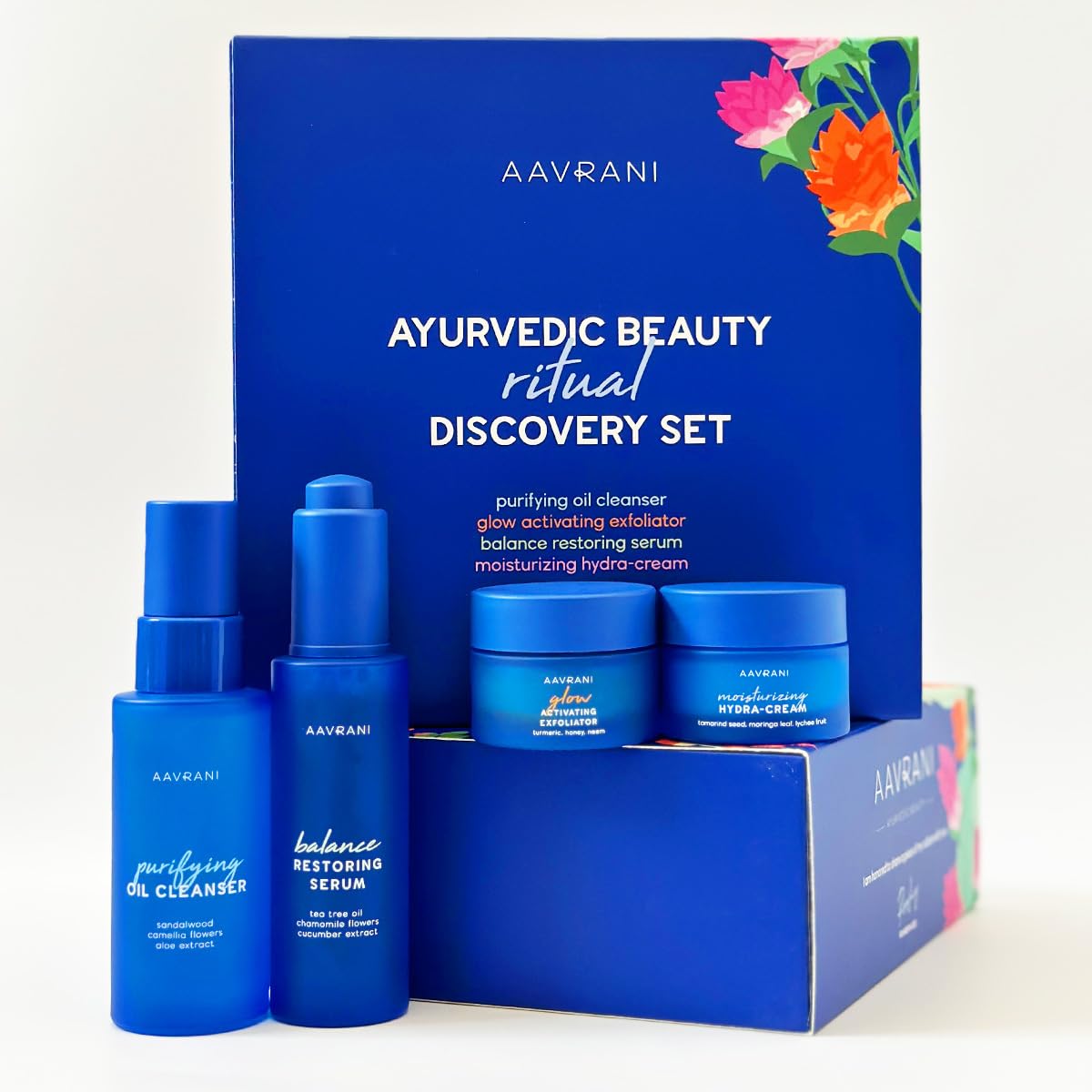 Aavrani Beauty Ritual Discovery Set - Travel Size Set of Purifying Oil Cleanser, Glow Activating Exfoliator Turmeric Clay Mask, Balance Restoring Serum, and Moisturizing Cream Daily Skin Care