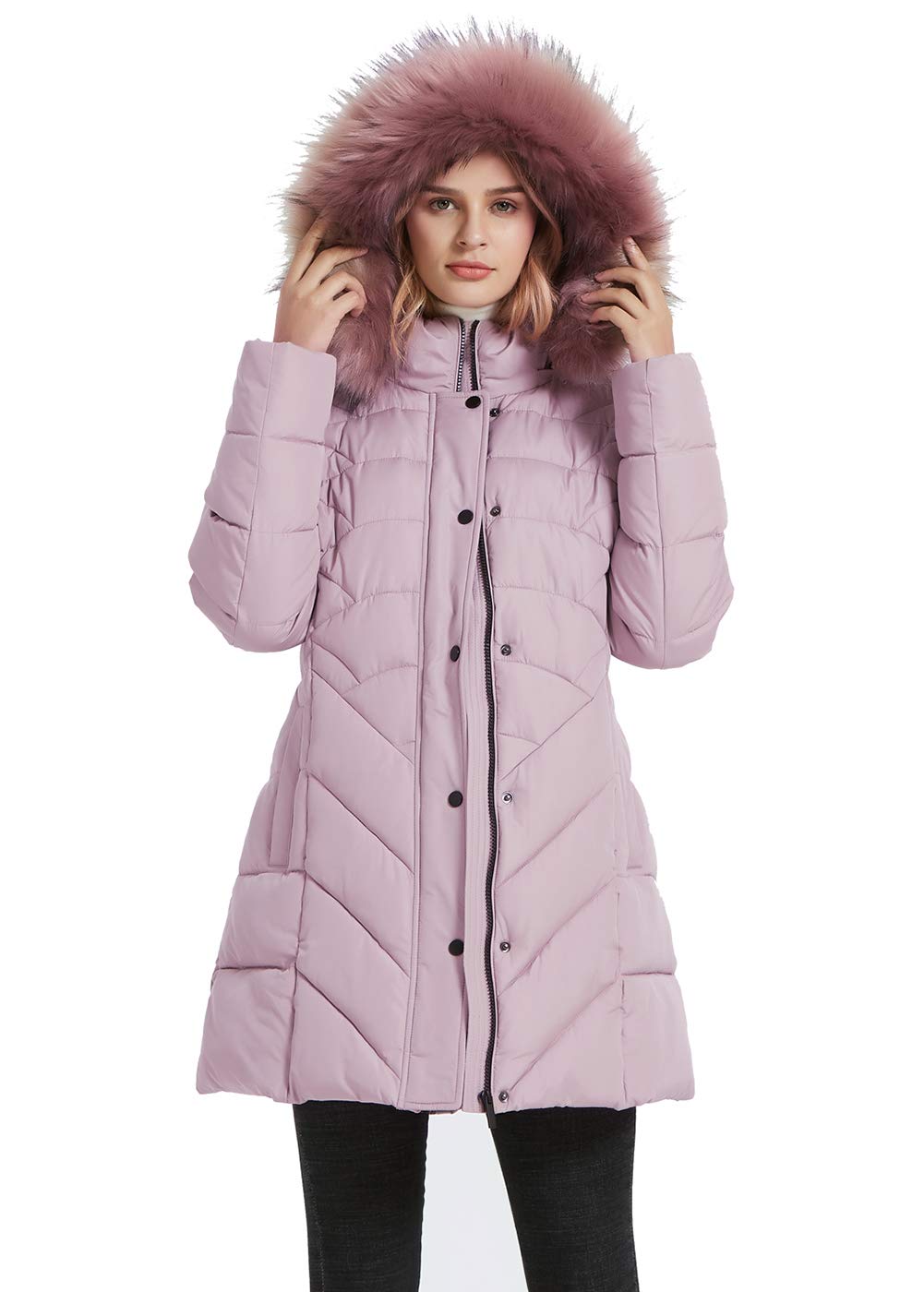 BINACL Hooded Warm Cotton Coats, Festive Winter Plush Lined Quilted Insulated Cold Weather Women Outwear Hiking Plus Size 100% polyester Cotton Padding Jacket with Smooth Faux Fur(Peachy Beige,XL)