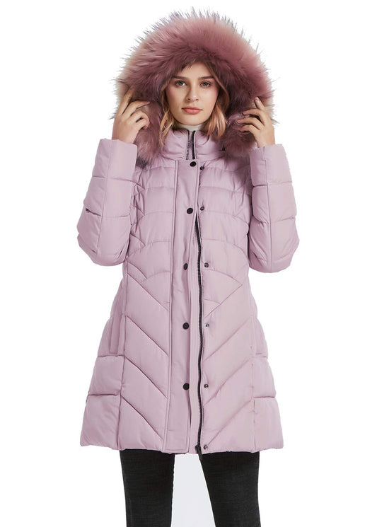 BINACL Hooded Warm Cotton Coats, Festive Winter Plush Lined Quilted Insulated Cold Weather Women Outwear Hiking Plus Size 100% polyester Cotton Padding Jacket with Smooth Faux Fur(Peachy Beige,XL)