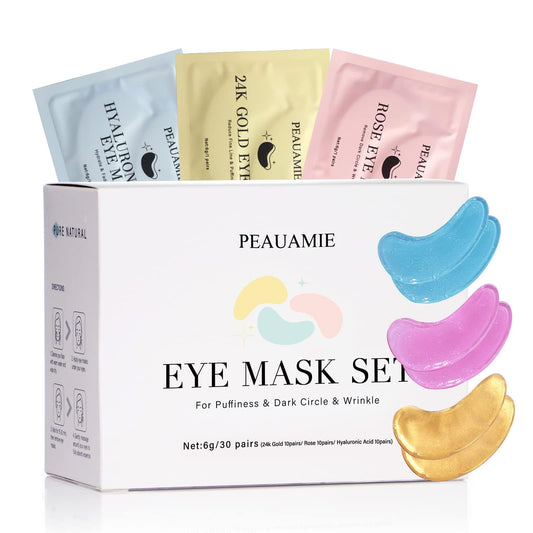 PEAUAMIE Under Eye Patches (30 Pairs) Gold Eye Mask and Hyaluronic Acid Eye Patches for puffy eyes,Rose Eye Masks for Dark Circles and Puffiness under eye skin care Smooth Wrinkles products