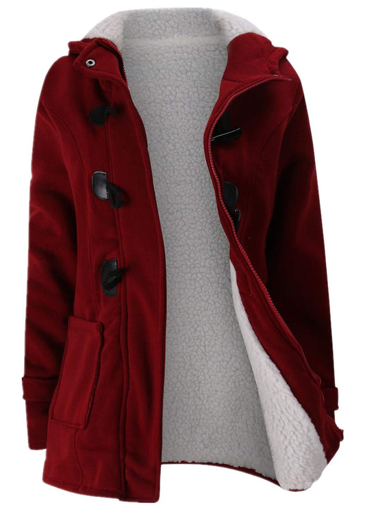 JiangWu Womens Fashion Horn Button Fleece Thicken Coat with Hood Winter Warm Jacket (X-Large, Wine-red)