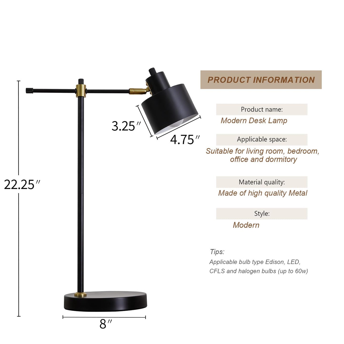 OYEARS Modern Industrial Desk Lamp for Reading LED 22.2“ Metal Table Lamp Light for Office Bedroom Study Room Living Room Nightstand Bedside Lamps Gold and Matte Black Accent (Black, Bulb Included)