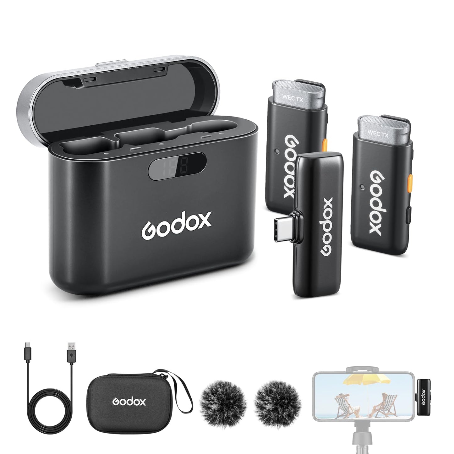 GODOX WES2 Kit2 Wireless Lavalier Microphone for Android/USB C, 8H Battery Life, Dual Channel 2.4G Wireless Mic, 200m(656ft.) Range, Noise Cancelling with Charging Case for Vlogging, TikTok, Interview