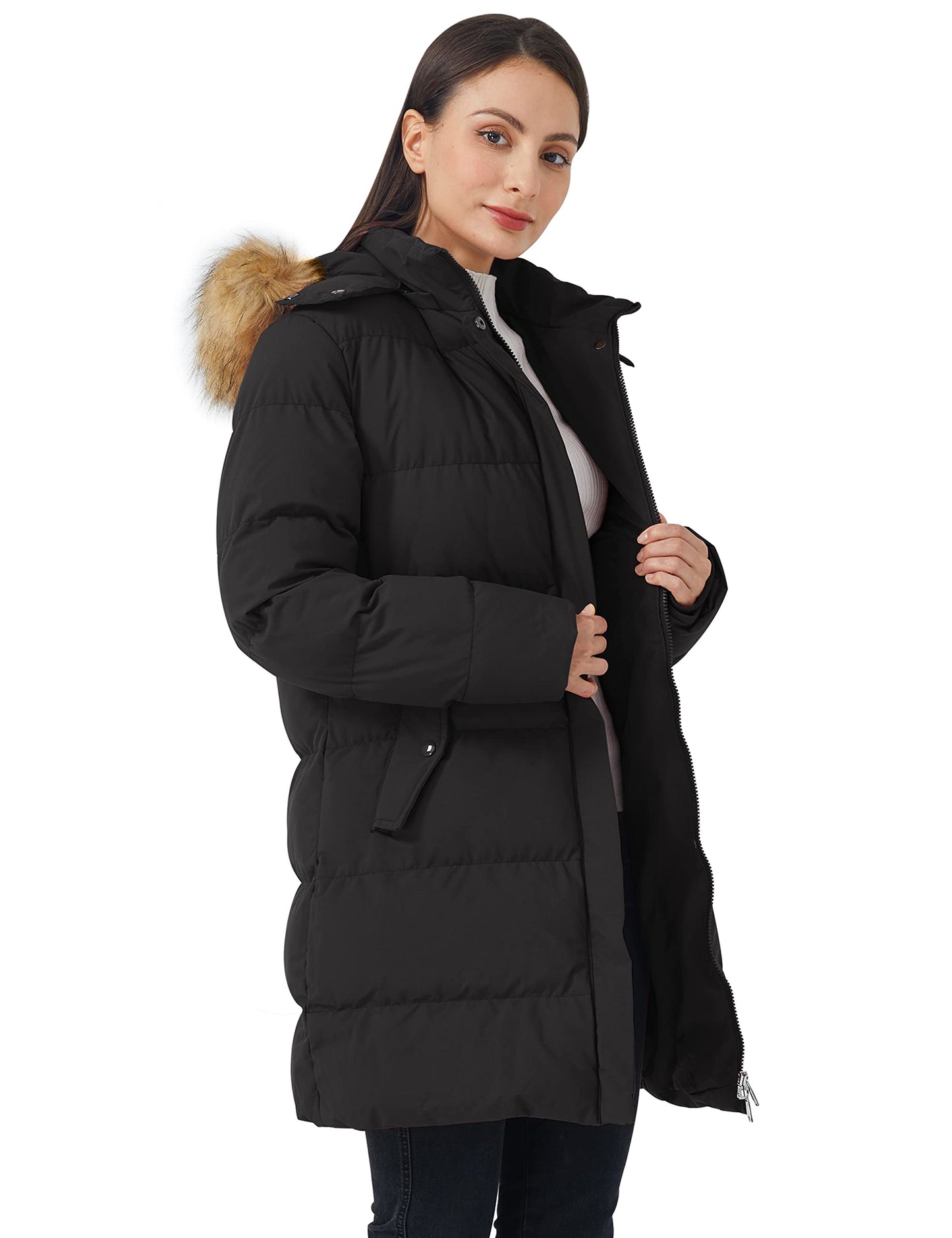 WenVen Women's Winter Thicken Padded Coat Parka Jacket with Fur Hood (Black,L)