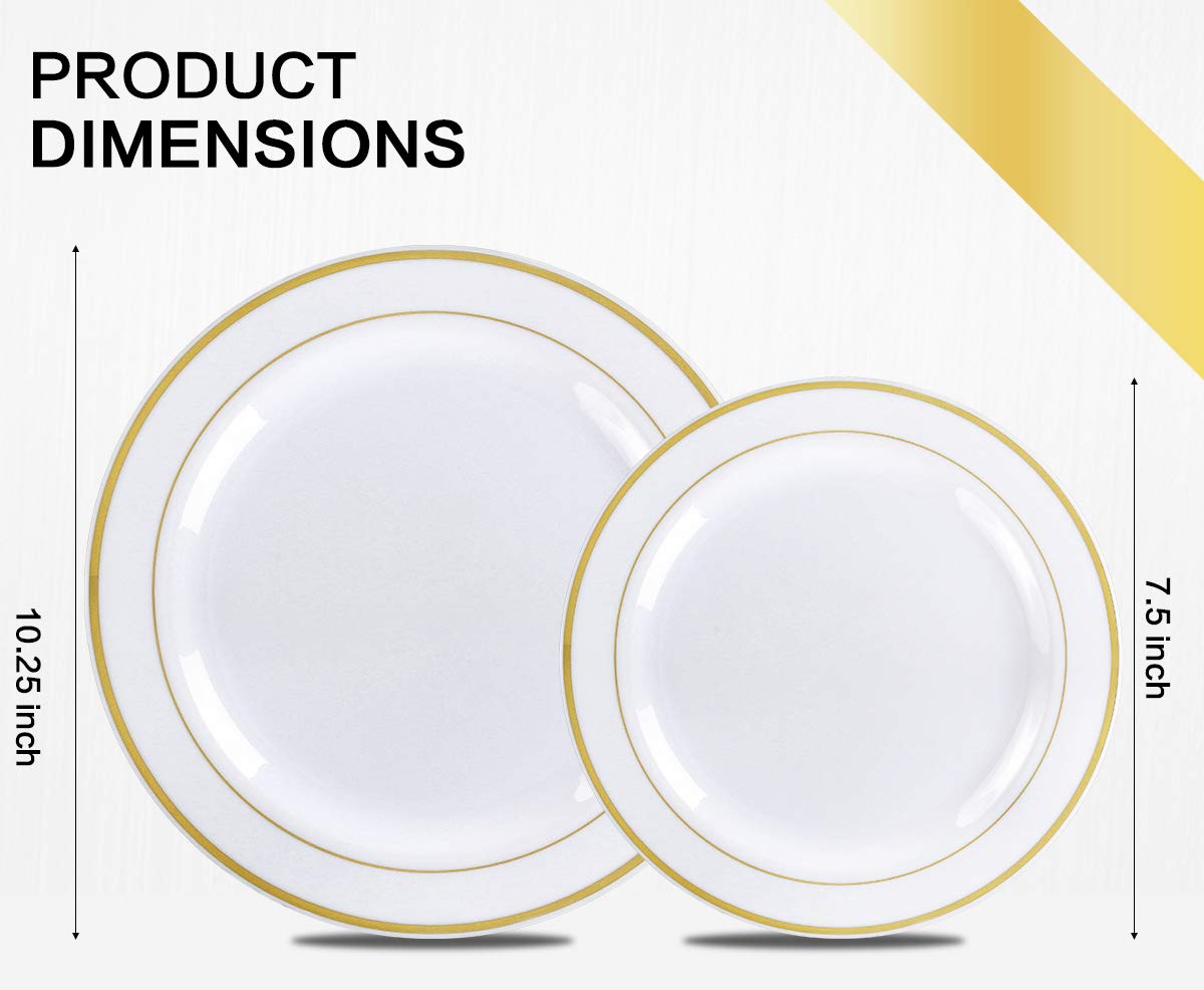 350 Piece MCIRCO Gold Dinnerware Set - 100 Gold Rim Plastic Plates - 50 Gold Plastic Silverware - 50 Gold Plastic Cups - 50 Gold Paper Napkins, 50 Guest Disposable Gold Dinnerware Set