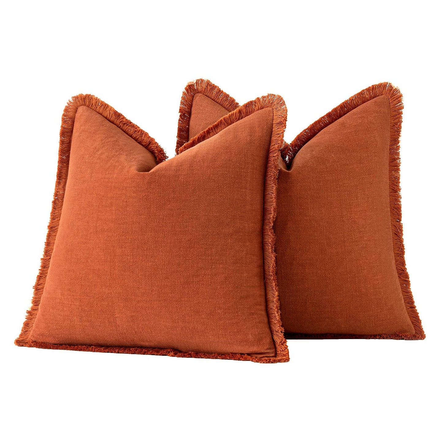 MIULEE Set of 2 Fall Linen Throw Pillow Covers Decorative Square Pillow Covers Farmhouse Style Boho Cushion Covers Rust Pillow Covers with Fringe for Couch Living Room 18x18 Inch