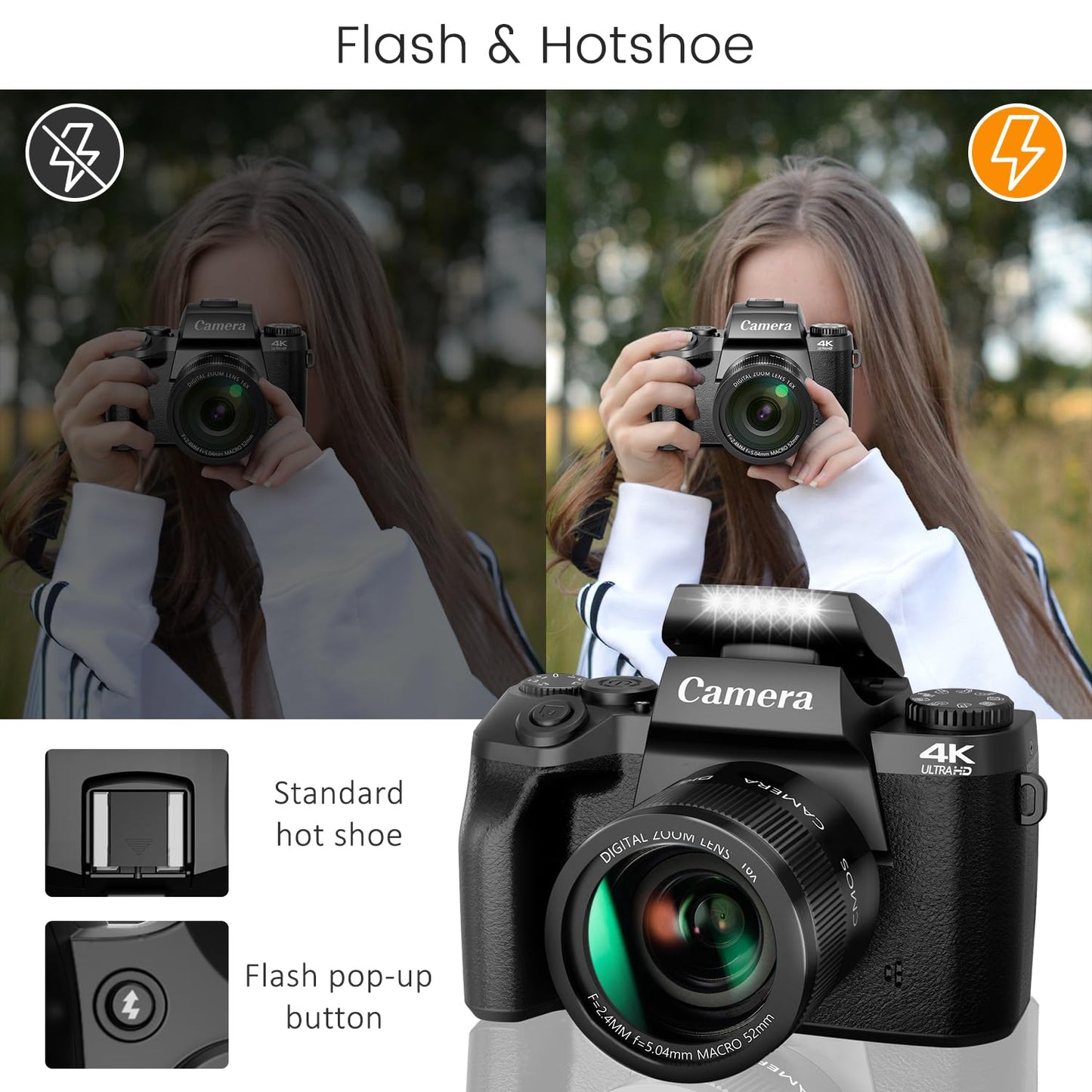 Saneen Digital Camera, 4k Cameras for Photography & Video, 64MP WiFi Touch Screen Vlogging Camera for YouTube with Flash, 32GB SD Card, Lens Hood, 3000mAH Battery, Front and Rear Cameras - Black