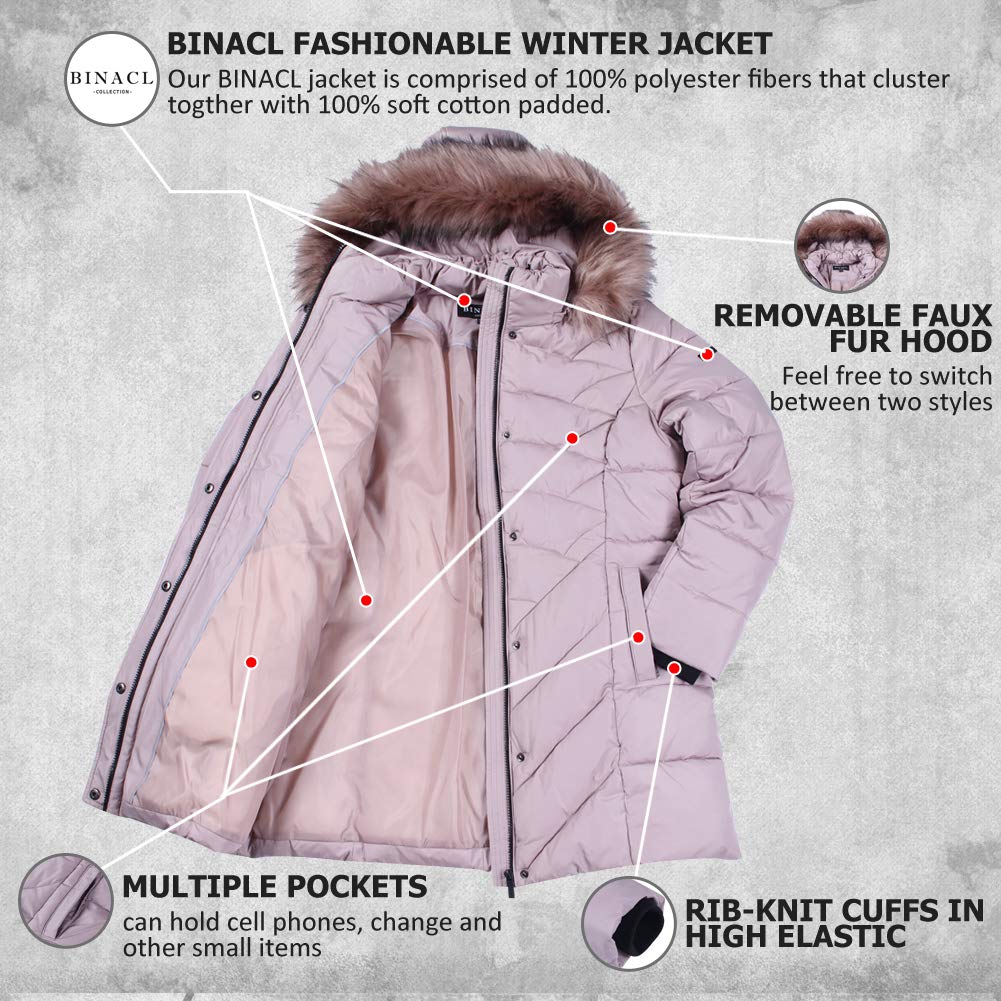 BINACL Hooded Warm Cotton Coats, Festive Winter Plush Lined Quilted Insulated Cold Weather Women Outwear Hiking Plus Size 100% polyester Cotton Padding Jacket with Smooth Faux Fur(Peachy Beige,XL)