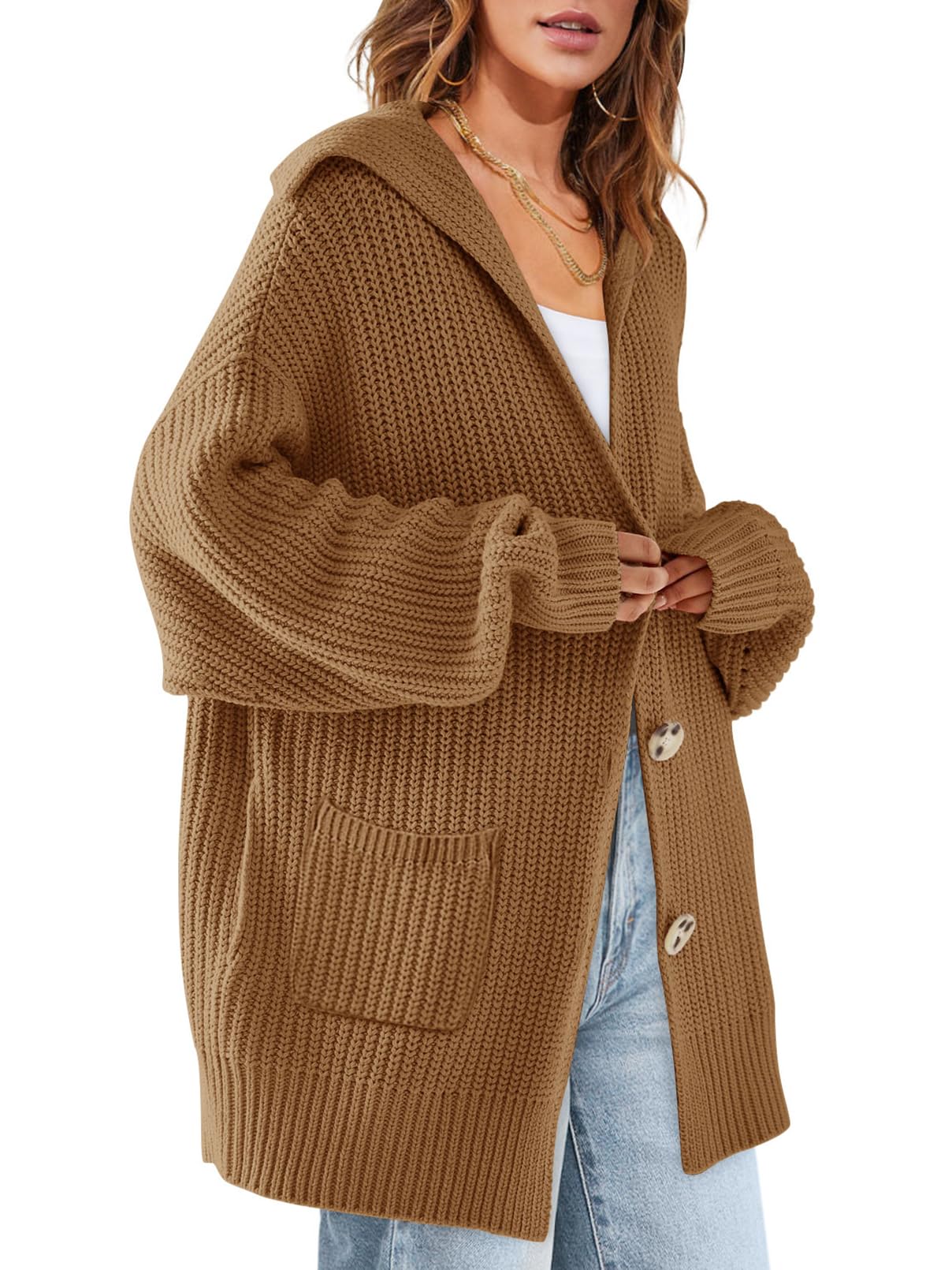 MEROKEETY Women's Long Sleeve Button Lapel Cardigan Sweater Oversized Chunky Knit Slouchy Outerwear Brown Small