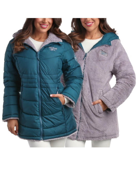 Reebok Women's Winter Jacket - Reversible Quilted Puffer with Sherpa Fleece Lining – Parka Coat for Women (S-3X, Plus Size), Size Medium, Peacock