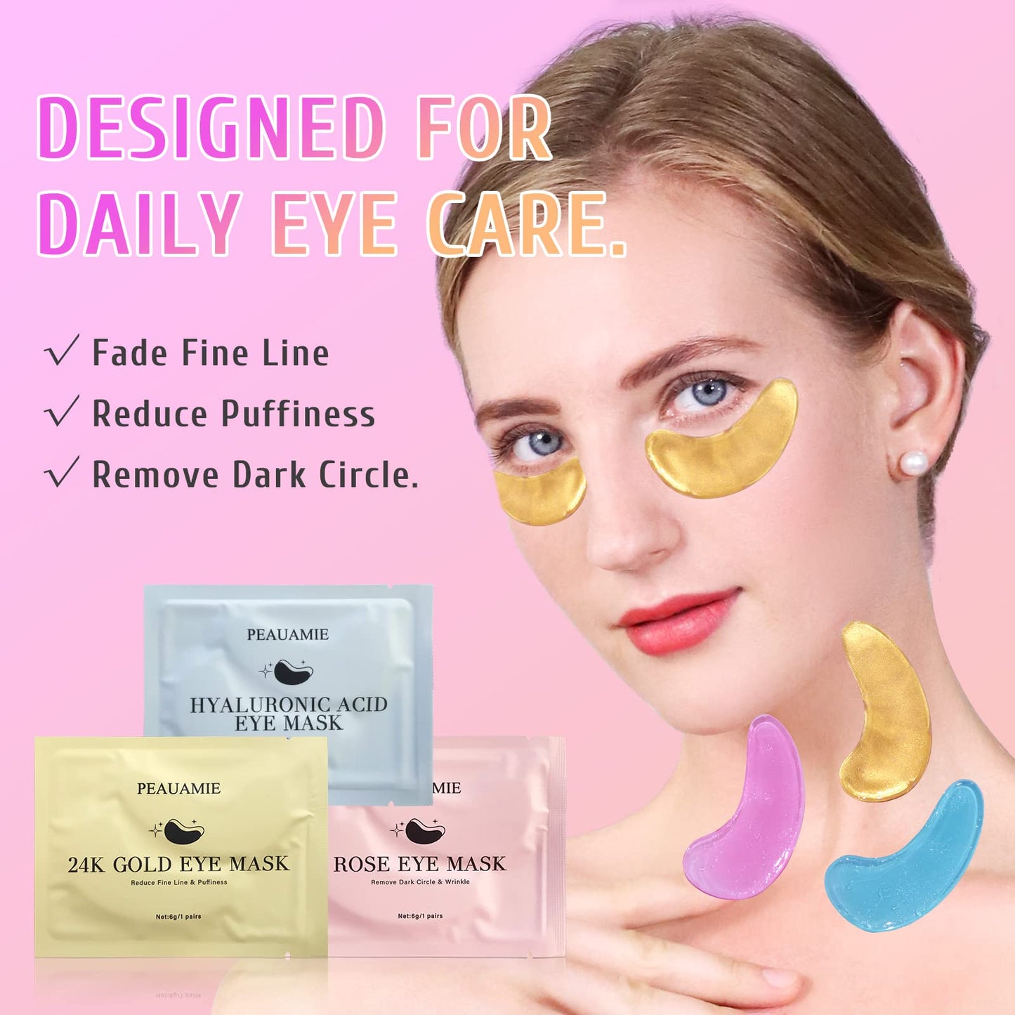 PEAUAMIE Under Eye Patches (30 Pairs) Gold Eye Mask and Hyaluronic Acid Eye Patches for puffy eyes,Rose Eye Masks for Dark Circles and Puffiness under eye skin care Smooth Wrinkles products