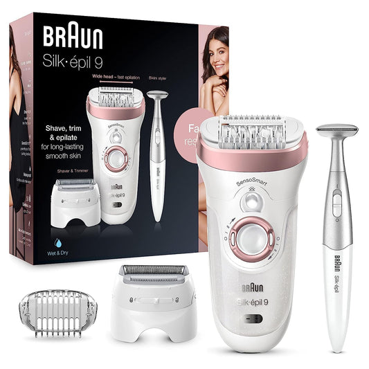 Braun Silk-épil 9 9-890, Facial Hair Removal for Women, Hair Removal Device, Bikini Trimmer, Womens Shaver Wet & Dry, Cordless and 7 Extras