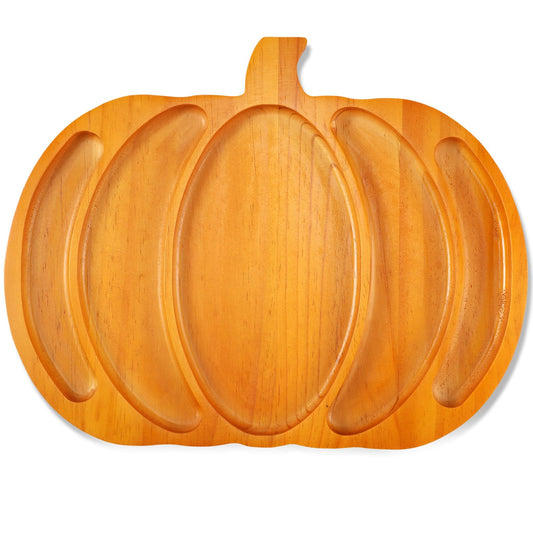 Sliner Fall Harvest Large Pumpkin Wooden Serving Platter 15x12 In Rustic Pumpkin Snack Fruit Meat Cheese Board Rustic Angle Shape Charcuterie Board Sectional Dish Plate for Thanksgiving(Brown)