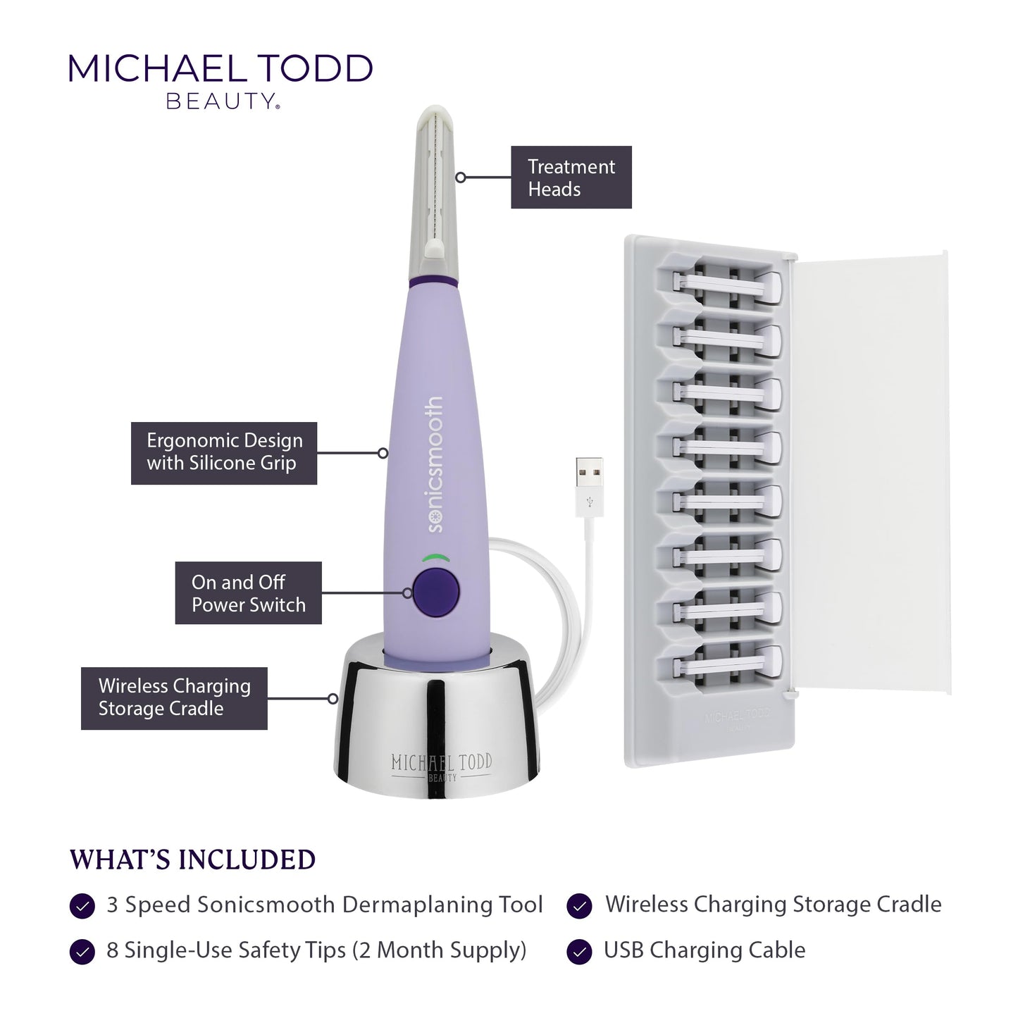 Michael Todd Beauty - Sonicsmooth Dermaplaning Tool - 2 in 1 Peach Fuzz Facial Hair Removal for Women - Dermaplane - Rechargeable with 8 Week Supply