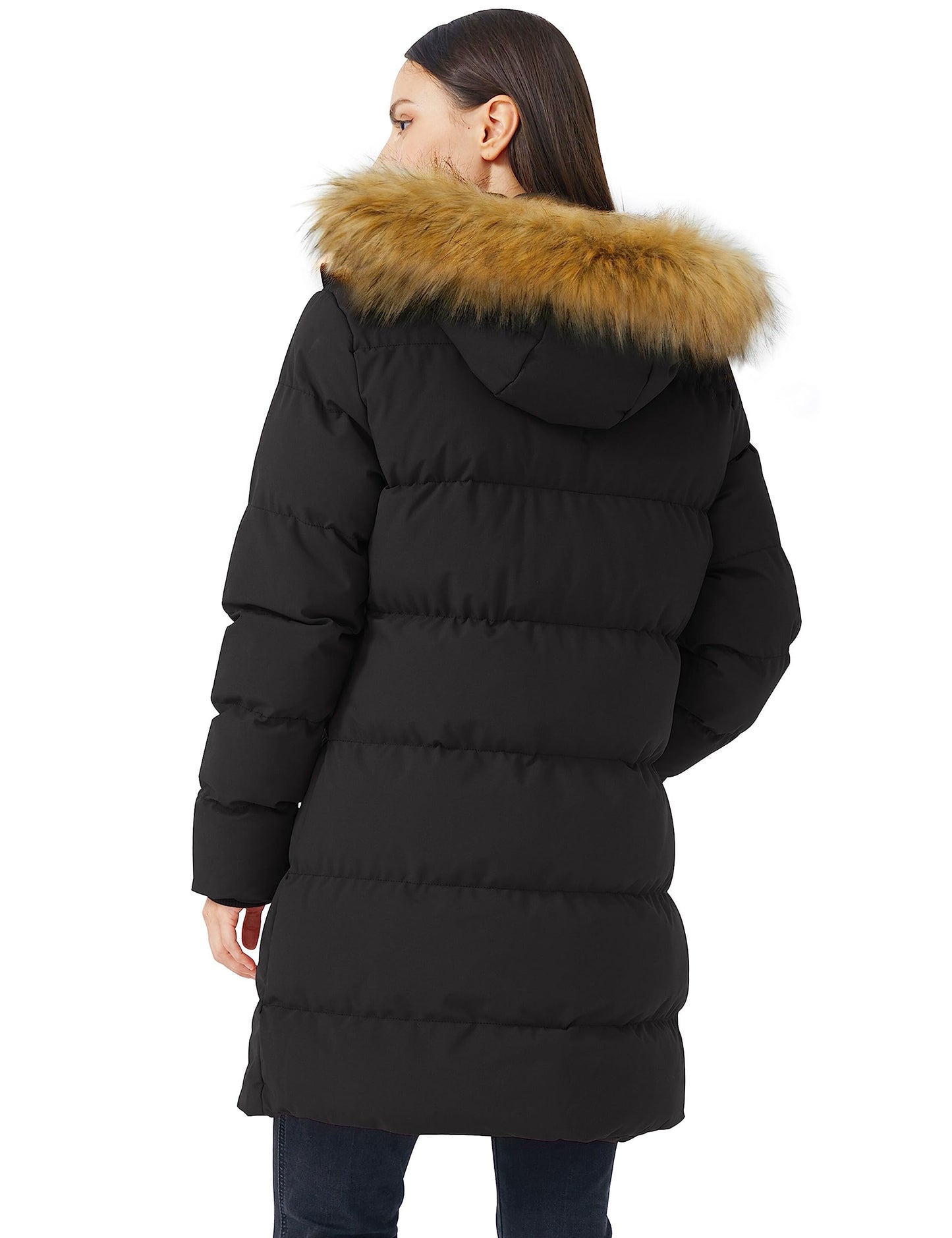 WenVen Women's Winter Thicken Padded Coat Parka Jacket with Fur Hood (Black,L)