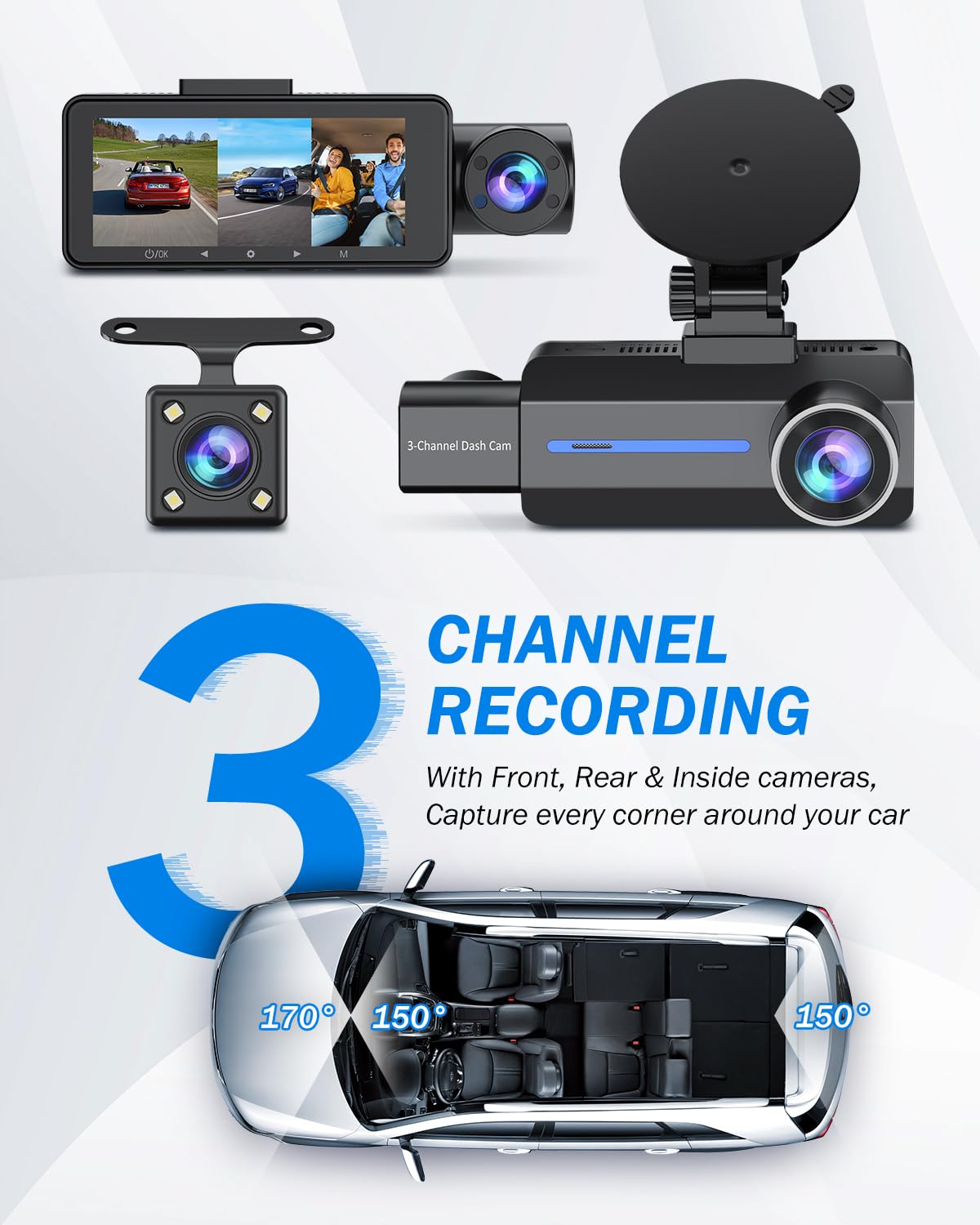 3 Channel 2.5K Dash Cam, 1440P Dash Cam Front and Rear Inside, Dash Camera for Cars, Triple Car Camera with 32GB Card, G-Sensor, 24Hr Parking, 170°Wide Angle, Loop Recording, IR Night Vision, Blue