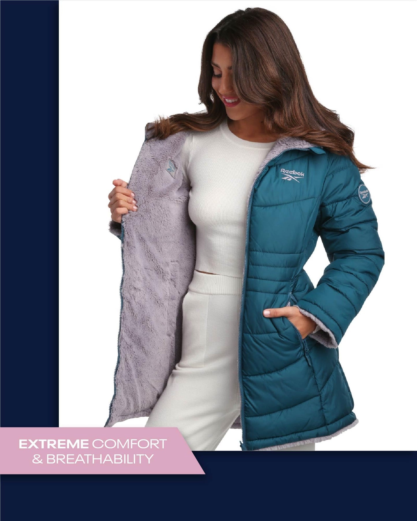 Reebok Women's Winter Jacket - Reversible Quilted Puffer with Sherpa Fleece Lining – Parka Coat for Women (S-3X, Plus Size), Size Medium, Peacock