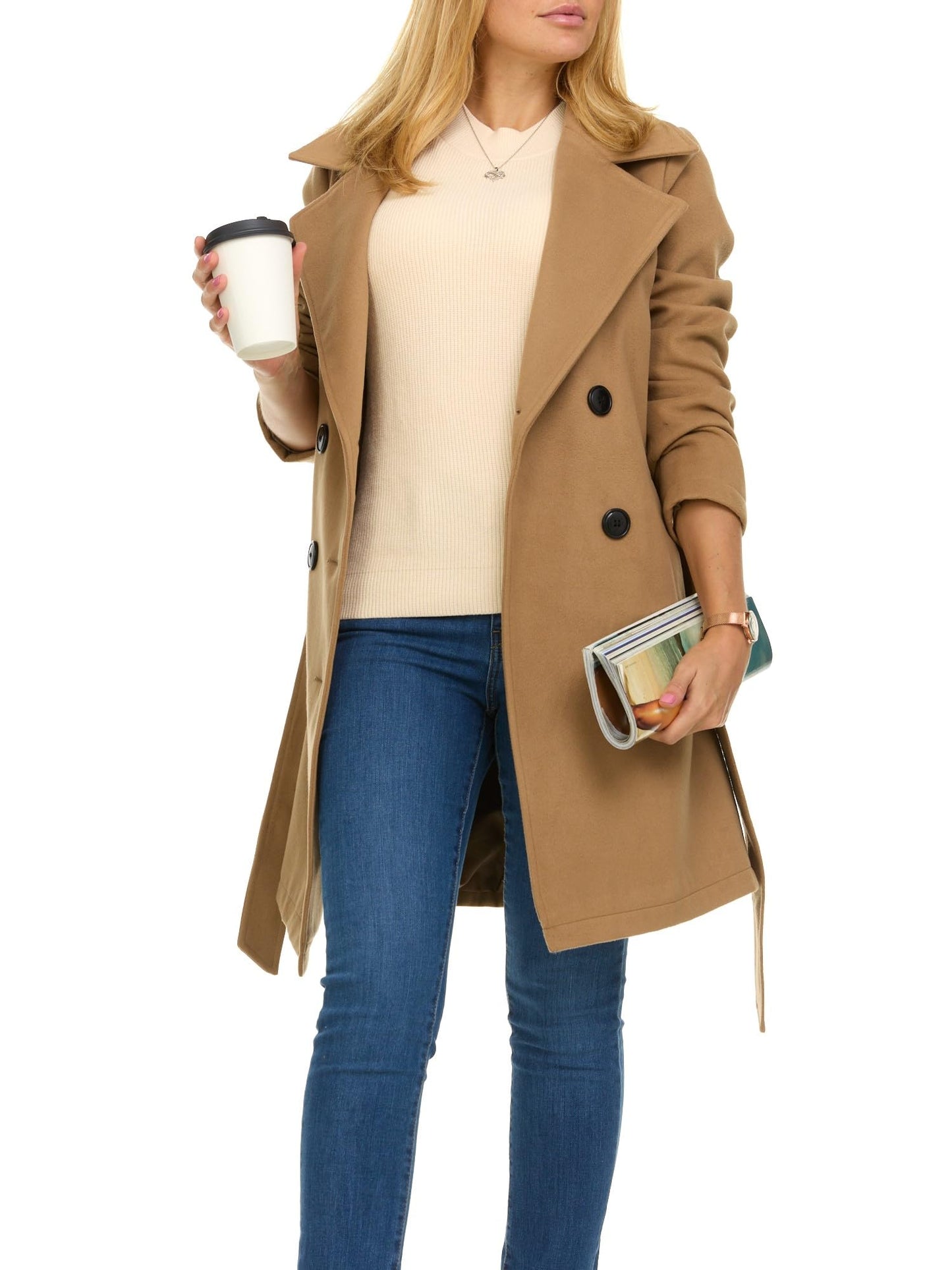 Steve Madden Trench Coat Women – Double-Breasted Long Winter Wool Coat for Women