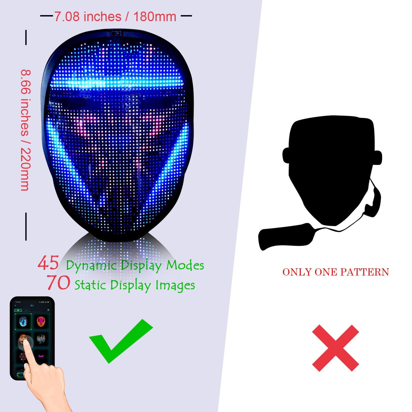 MEGOO Led Mask with Bluetooth Programmable App,Shining Led Light Up Face Mask for Adult Kid Halloween Masquerade Party (Battery)